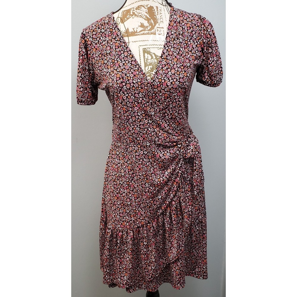 Michael Kors Faux Wrap Dress Womens XS Multi Floral Short Sleeve Tie Side Ruffle